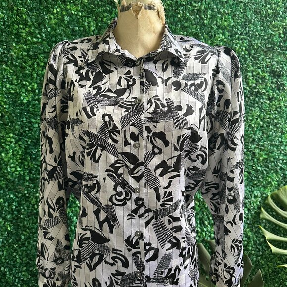 1980s Golden Gate Black-and-White Printed Long Sleeve Blouse - Picture 1 of 5